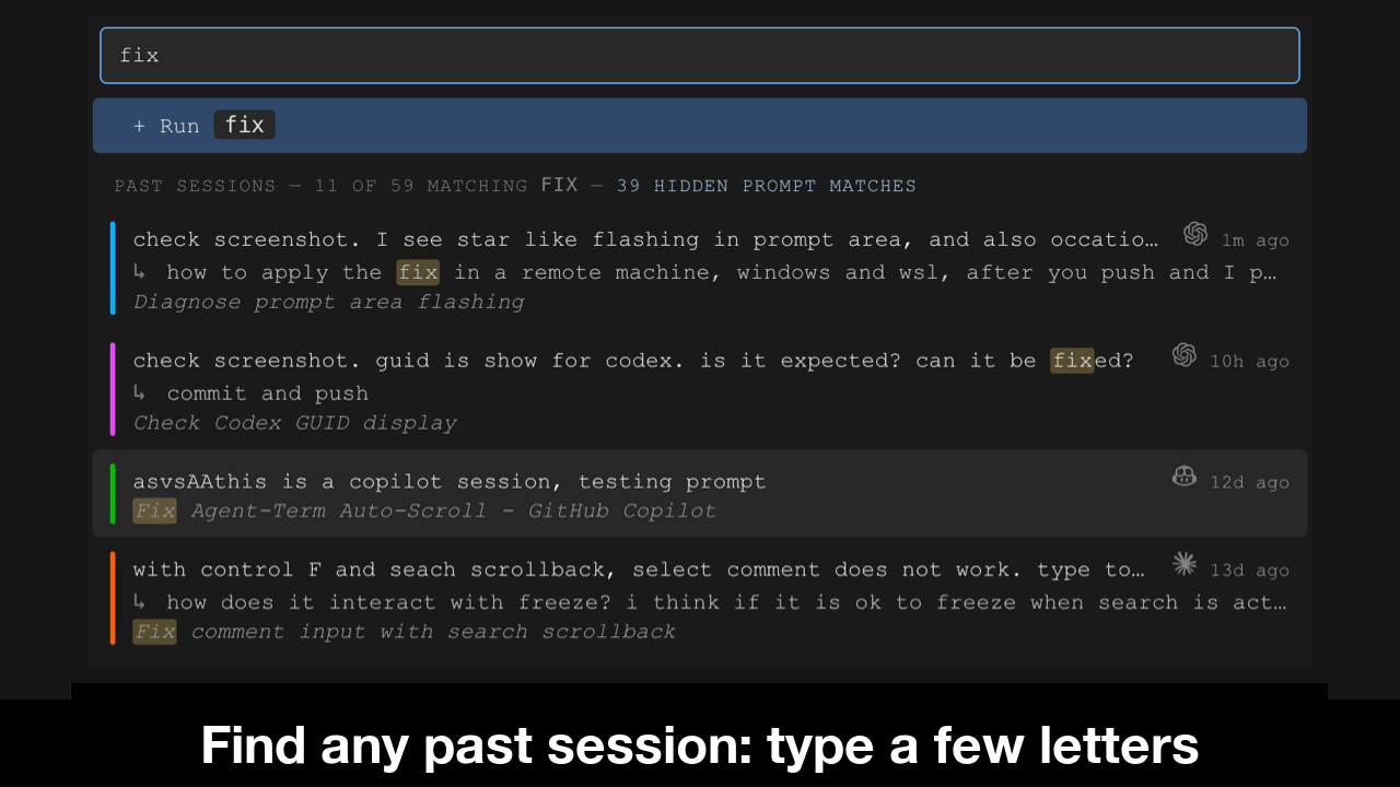 The session picker filtered by "fix": each past session shows its first prompt, a matching later prompt and the CLI's title, with its color stripe.