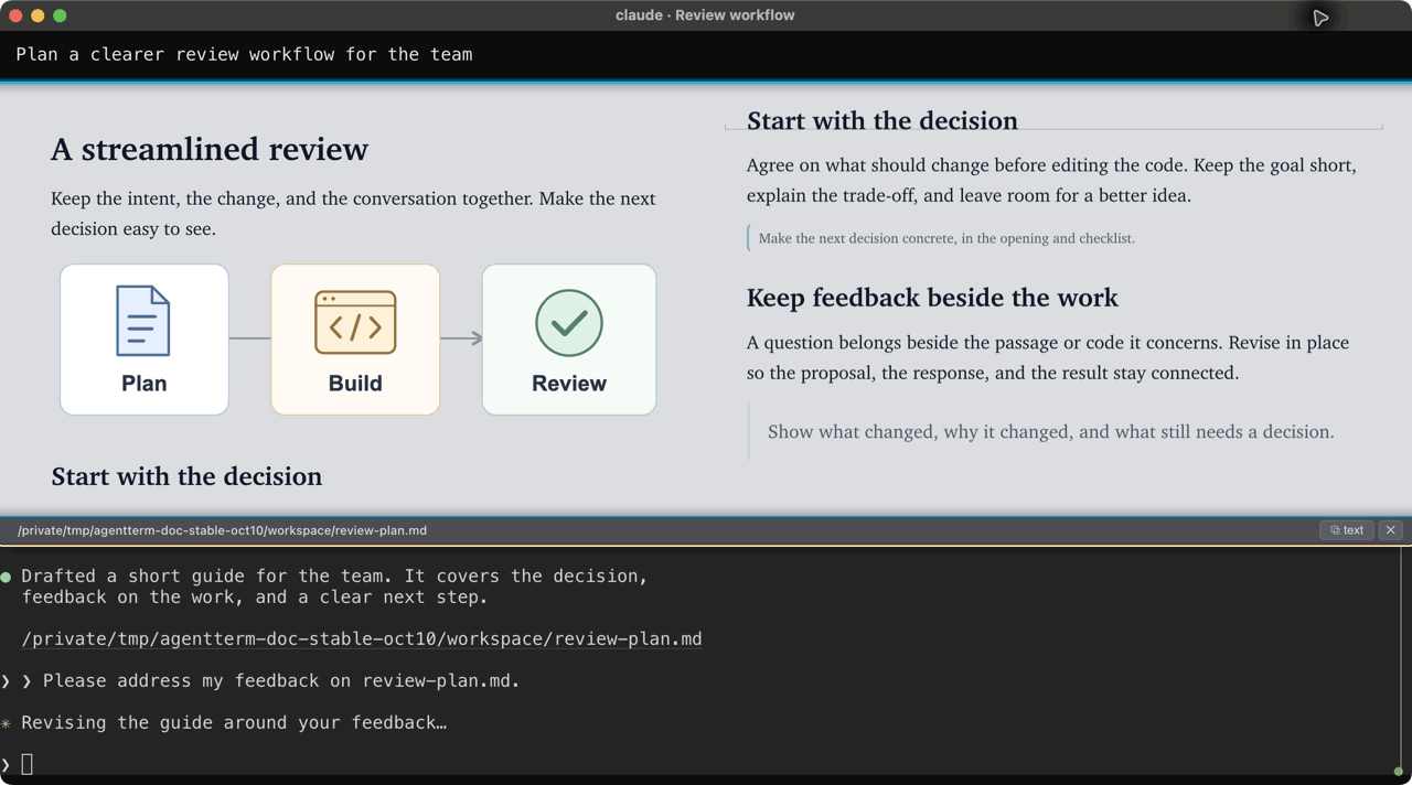 The same AgentTerm window with a document open, revised in place with an inline reply, and rolled up as focus returns to the conversation.