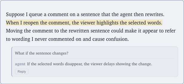 The preceding paragraph in AgentTerm with “When I reopen the comment, the viewer highlights the selected words.” highlighted and its comment and agent reply open below.