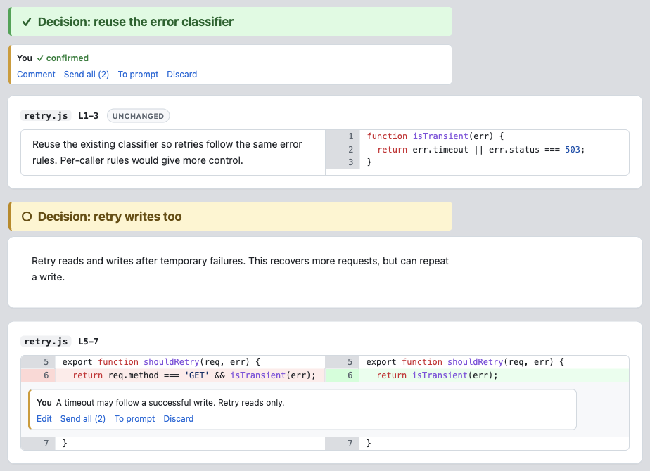 A review combining English, unchanged helper code and a diff: one decision is confirmed in green, while another stays yellow with a user objection on the changed code.