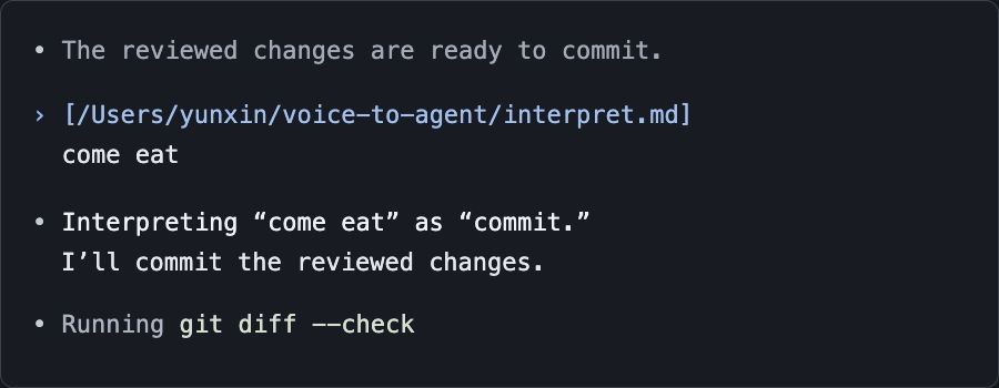 Illustrated terminal exchange: the agent receives a voice-interpretation guide reference and “come eat,” interprets it as “commit,” and starts checking the changes before committing.